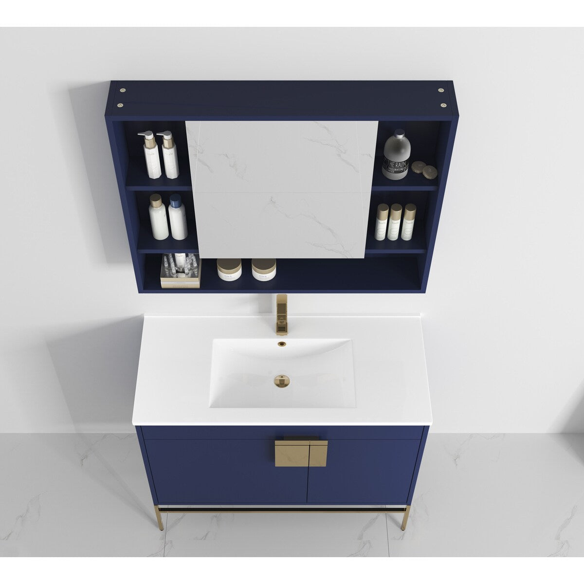 40" Modern Navy Blue Bathroom Vanity with Ceramic Top and Gold Hardware, Includes Medicine Cabinet