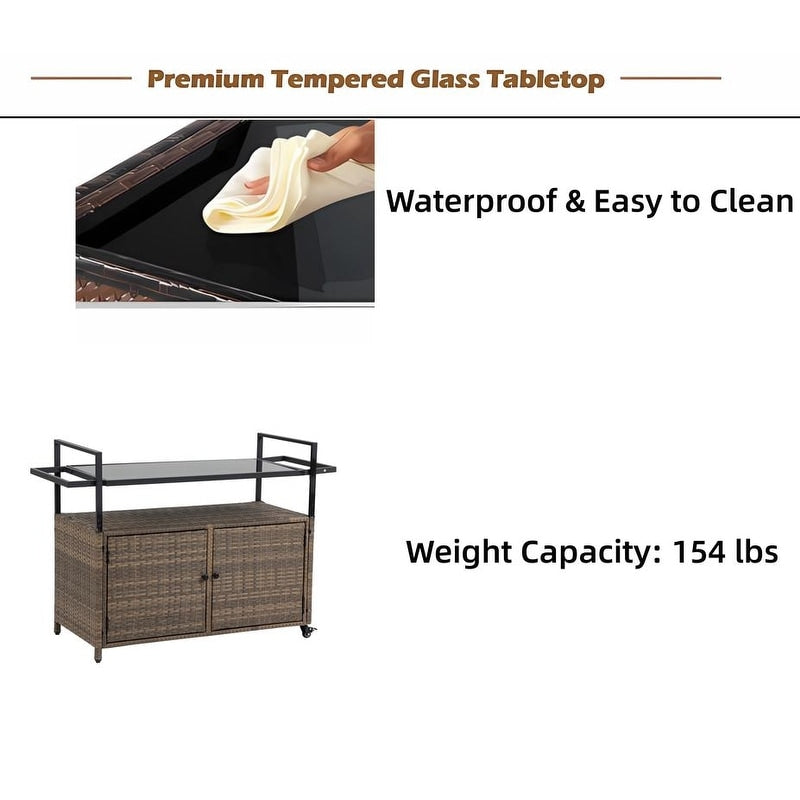 40"W Outdoor Bar Cart, Wine Serving Cart Wheels , Rolling Rattan Beverage Bar Counter Table Glass Top