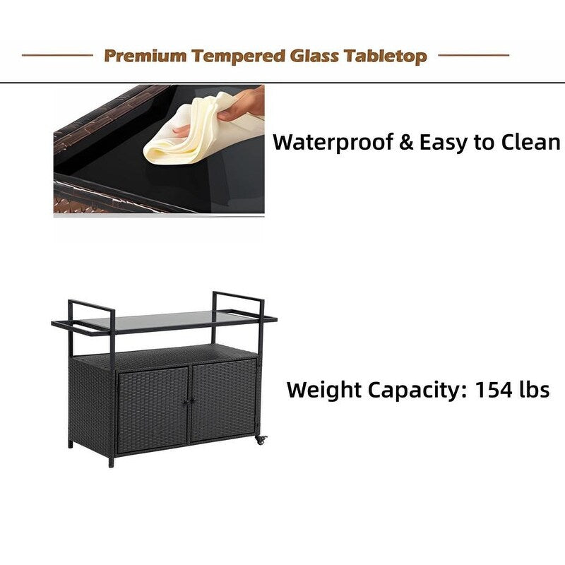 40"W Outdoor Bar Cart, Wine Serving Cart Wheels , Rolling Rattan Beverage Bar Counter Table Glass Top