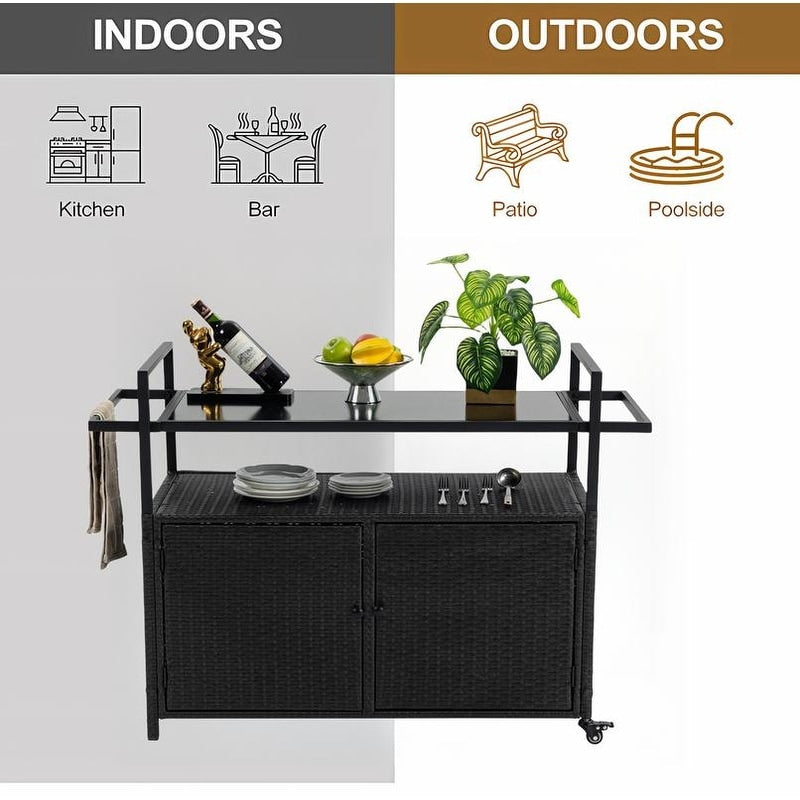 40"W Outdoor Bar Cart, Wine Serving Cart Wheels , Rolling Rattan Beverage Bar Counter Table Glass Top