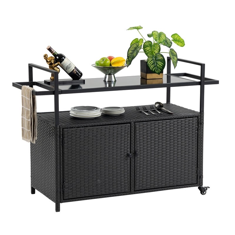 40"W Outdoor Bar Cart, Wine Serving Cart Wheels , Rolling Rattan Beverage Bar Counter Table Glass Top