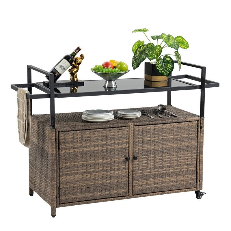 40"W Outdoor Bar Cart, Wine Serving Cart Wheels , Rolling Rattan Beverage Bar Counter Table Glass Top