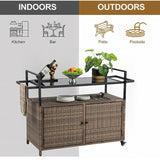 40"W Outdoor Bar Cart, Wine Serving Cart Wheels , Rolling Rattan Beverage Bar Counter Table Glass Top