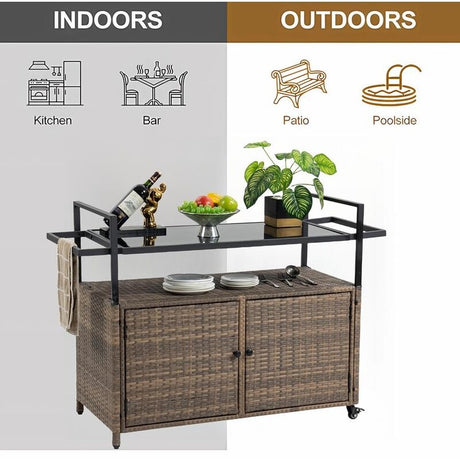 40"W Outdoor Bar Cart, Wine Serving Cart Wheels , Rolling Rattan Beverage Bar Counter Table Glass Top