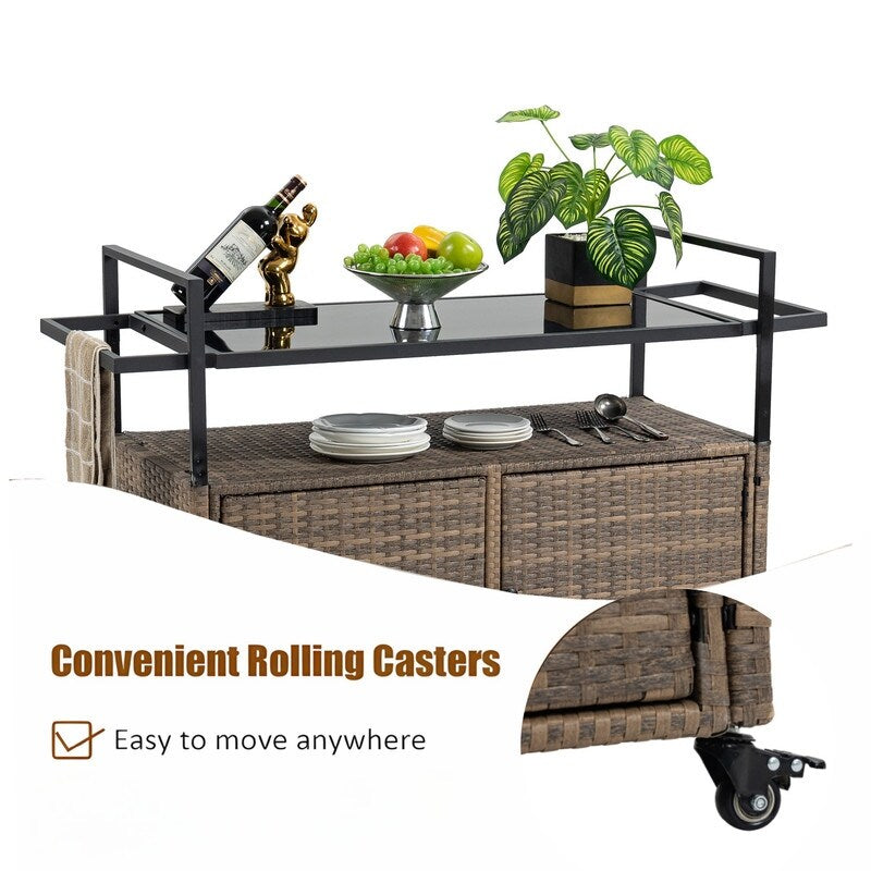 40"W Outdoor Bar Cart, Wine Serving Cart Wheels , Rolling Rattan Beverage Bar Counter Table Glass Top