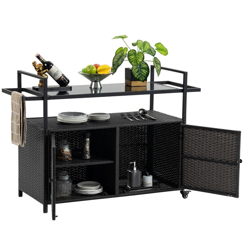 40"W Outdoor Bar Cart, Wine Serving Cart Wheels , Rolling Rattan Beverage Bar Counter Table Glass Top