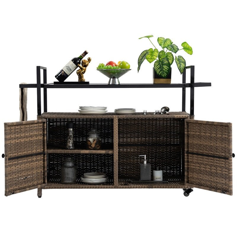40"W Outdoor Bar Cart, Wine Serving Cart Wheels , Rolling Rattan Beverage Bar Counter Table Glass Top