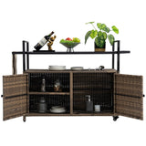 40"W Outdoor Bar Cart, Wine Serving Cart Wheels , Rolling Rattan Beverage Bar Counter Table Glass Top