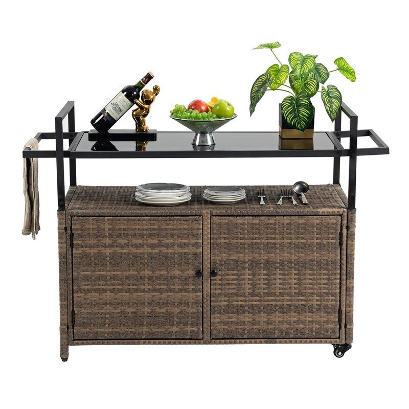 40"W Outdoor Bar Cart, Wine Serving Cart Wheels , Rolling Rattan Beverage Bar Counter Table Glass Top