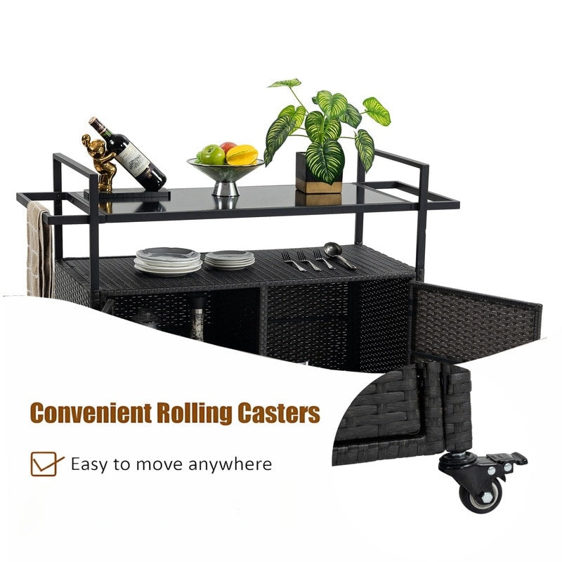40"W Outdoor Bar Cart, Wine Serving Cart Wheels , Rolling Rattan Beverage Bar Counter Table Glass Top