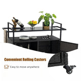 40"W Outdoor Bar Cart, Wine Serving Cart Wheels , Rolling Rattan Beverage Bar Counter Table Glass Top