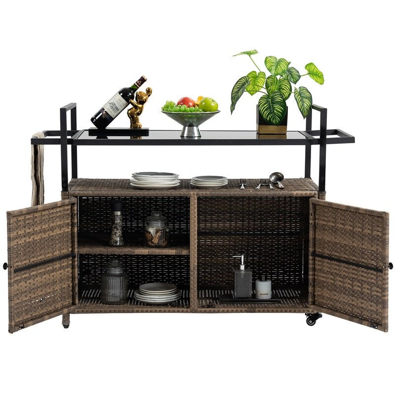 40"W Outdoor Bar Cart, Wine Serving Cart Wheels , Rolling Rattan Beverage Bar Counter Table Glass Top