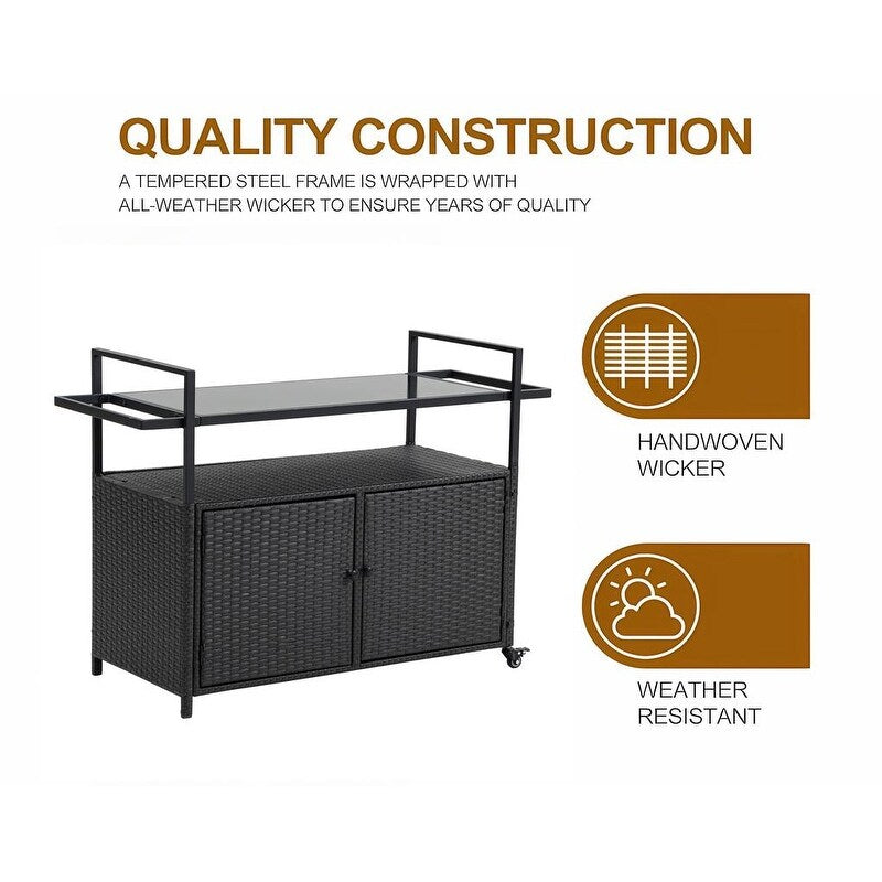 40"W Outdoor Bar Cart, Wine Serving Cart Wheels , Rolling Rattan Beverage Bar Counter Table Glass Top