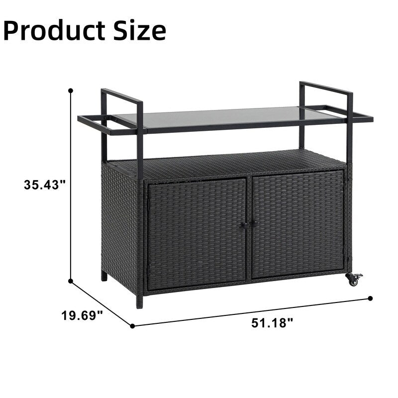 40"W Outdoor Bar Cart, Wine Serving Cart Wheels , Rolling Rattan Beverage Bar Counter Table Glass Top