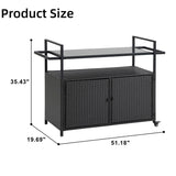 40"W Outdoor Bar Cart, Wine Serving Cart Wheels , Rolling Rattan Beverage Bar Counter Table Glass Top