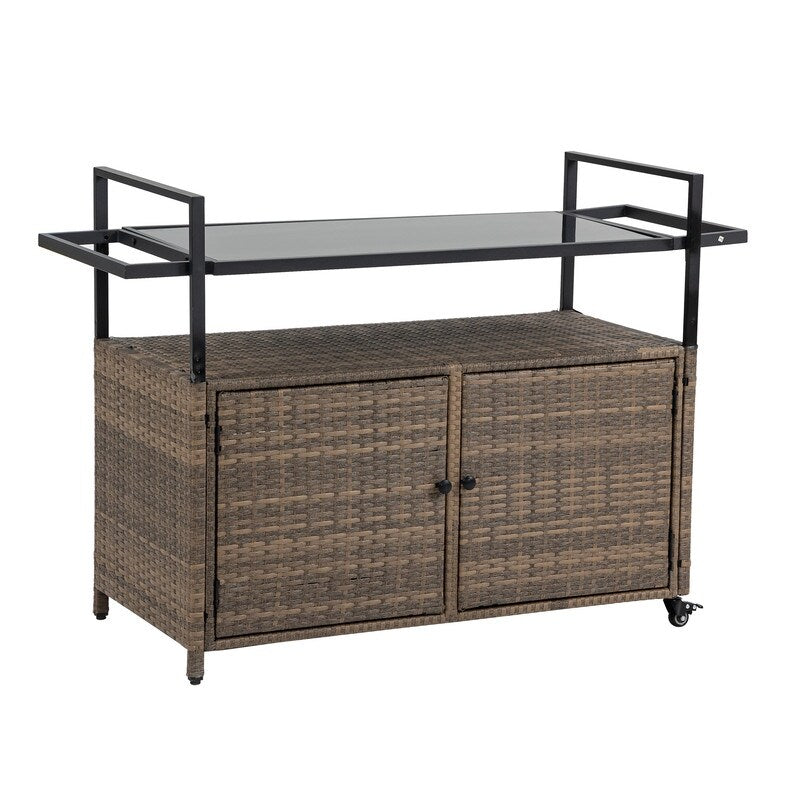 40"W Outdoor Bar Cart, Wine Serving Cart Wheels , Rolling Rattan Beverage Bar Counter Table Glass Top