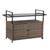 40"W Outdoor Bar Cart, Wine Serving Cart Wheels , Rolling Rattan Beverage Bar Counter Table Glass Top