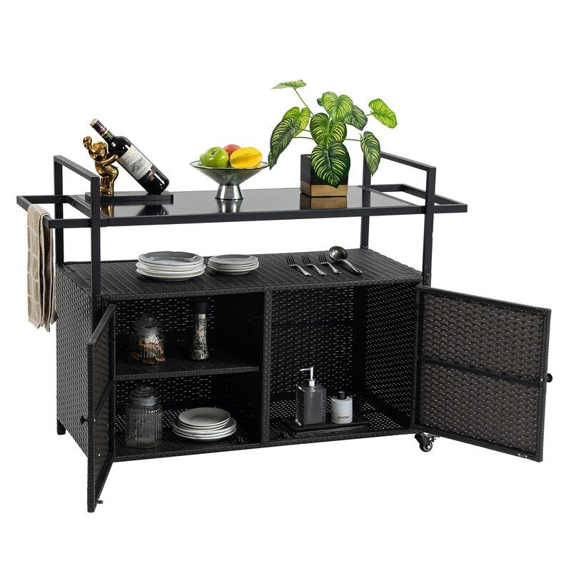 40"W Outdoor Bar Cart, Wine Serving Cart Wheels , Rolling Rattan Beverage Bar Counter Table Glass Top
