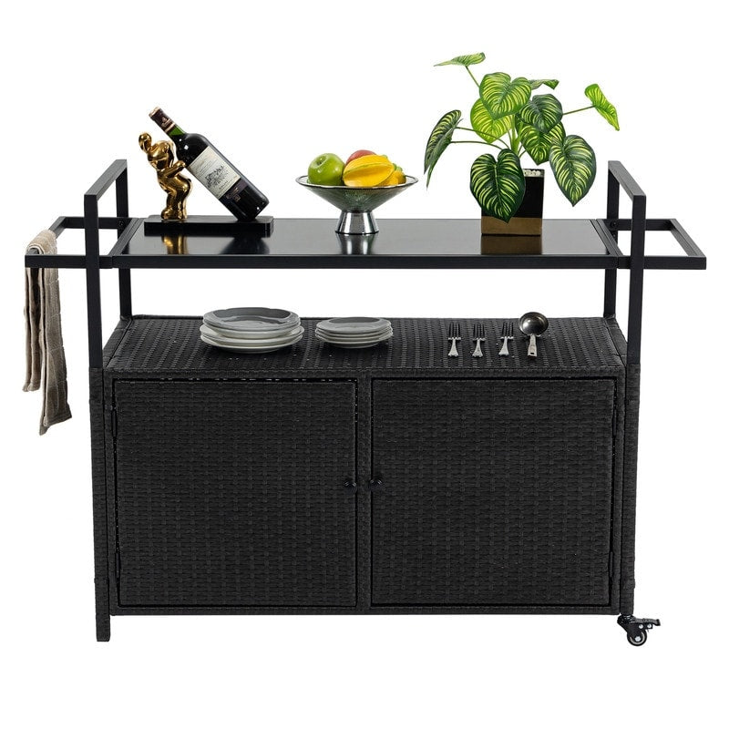 40"W Outdoor Bar Cart, Wine Serving Cart Wheels , Rolling Rattan Beverage Bar Counter Table Glass Top
