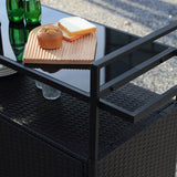 40"W Outdoor Bar Cart, Wine Serving Cart Wheels , Rolling Rattan Beverage Bar Counter Table Glass Top