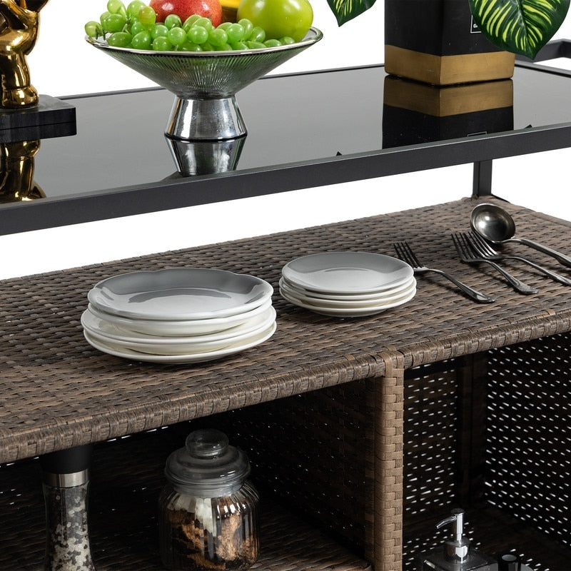 40"W Outdoor Bar Cart, Wine Serving Cart Wheels , Rolling Rattan Beverage Bar Counter Table Glass Top