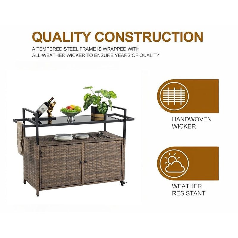 40"W Outdoor Bar Cart, Wine Serving Cart Wheels , Rolling Rattan Beverage Bar Counter Table Glass Top