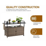 40"W Outdoor Bar Cart, Wine Serving Cart Wheels , Rolling Rattan Beverage Bar Counter Table Glass Top