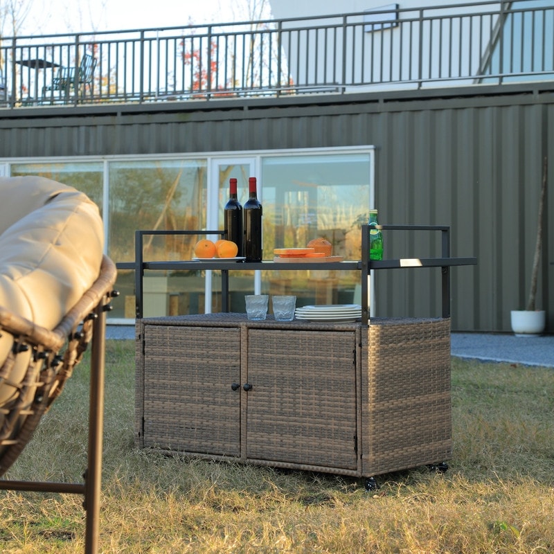 40"W Outdoor Bar Cart, Wine Serving Cart Wheels , Rolling Rattan Beverage Bar Counter Table Glass Top