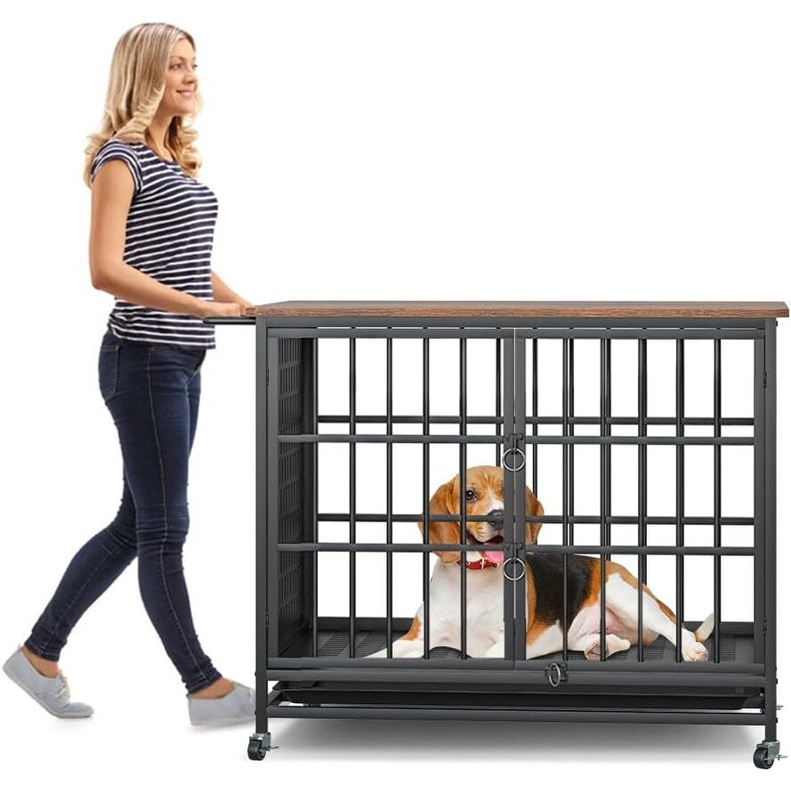 41 inch Chew Proof Extra Large Dog Crate w/Removable Trays, 2 Door, Lockable Wheels for Large Medium Dog
