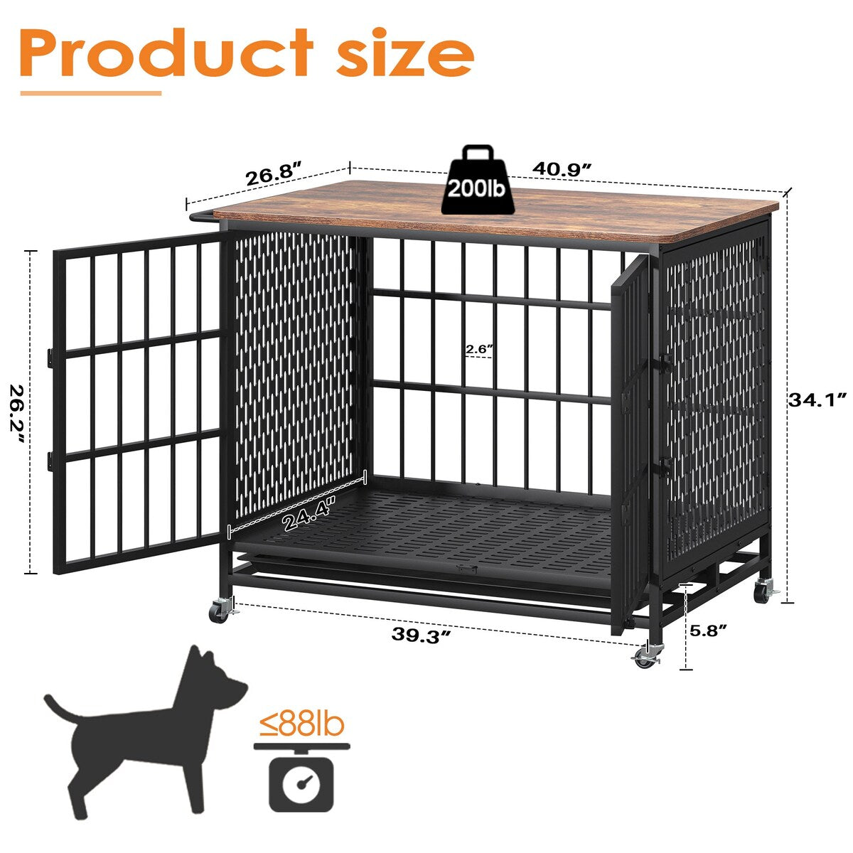 41 inch Chew Proof Extra Large Dog Crate w/Removable Trays, 2 Door, Lockable Wheels for Large Medium Dog