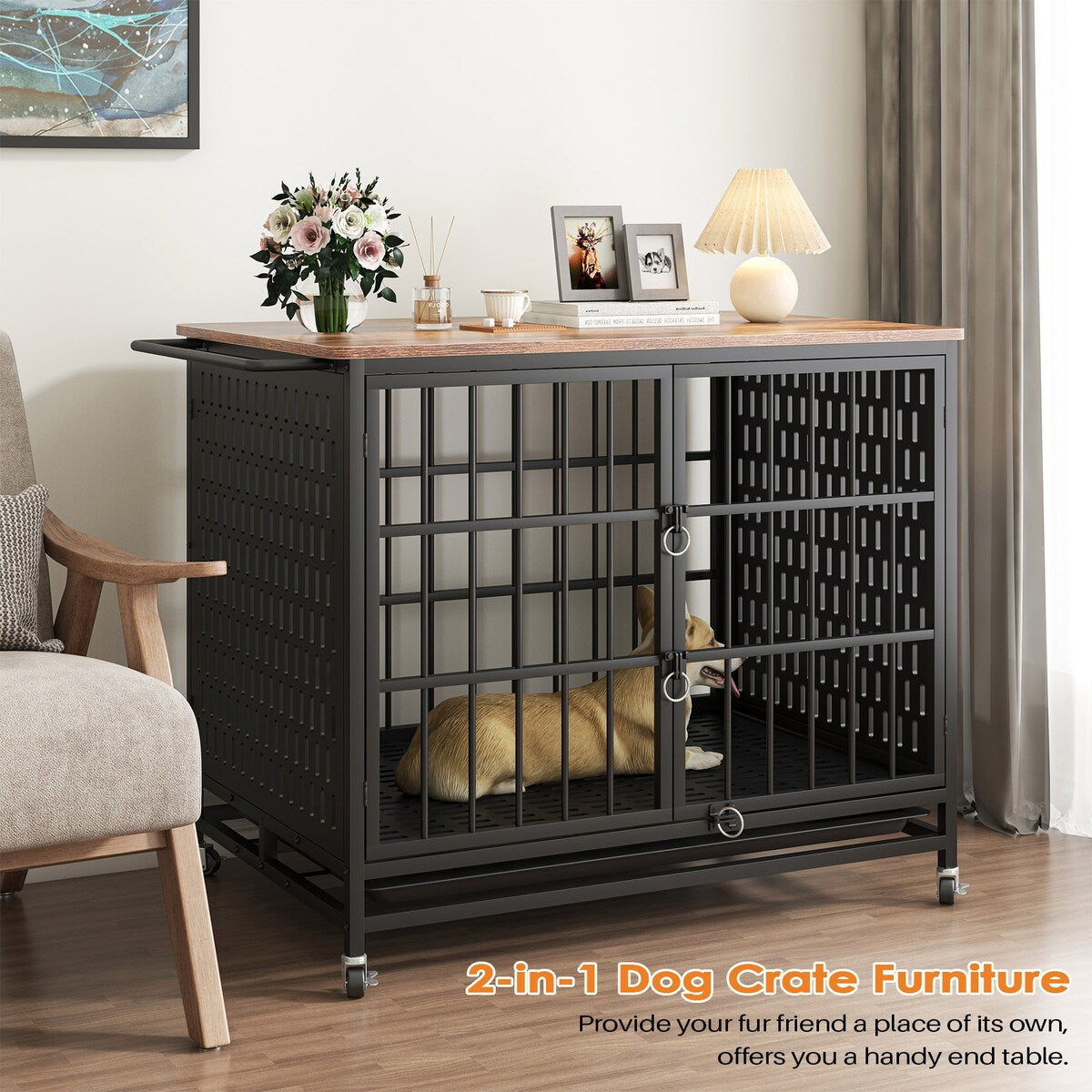 41 inch Chew Proof Extra Large Dog Crate w/Removable Trays, 2 Door, Lockable Wheels for Large Medium Dog