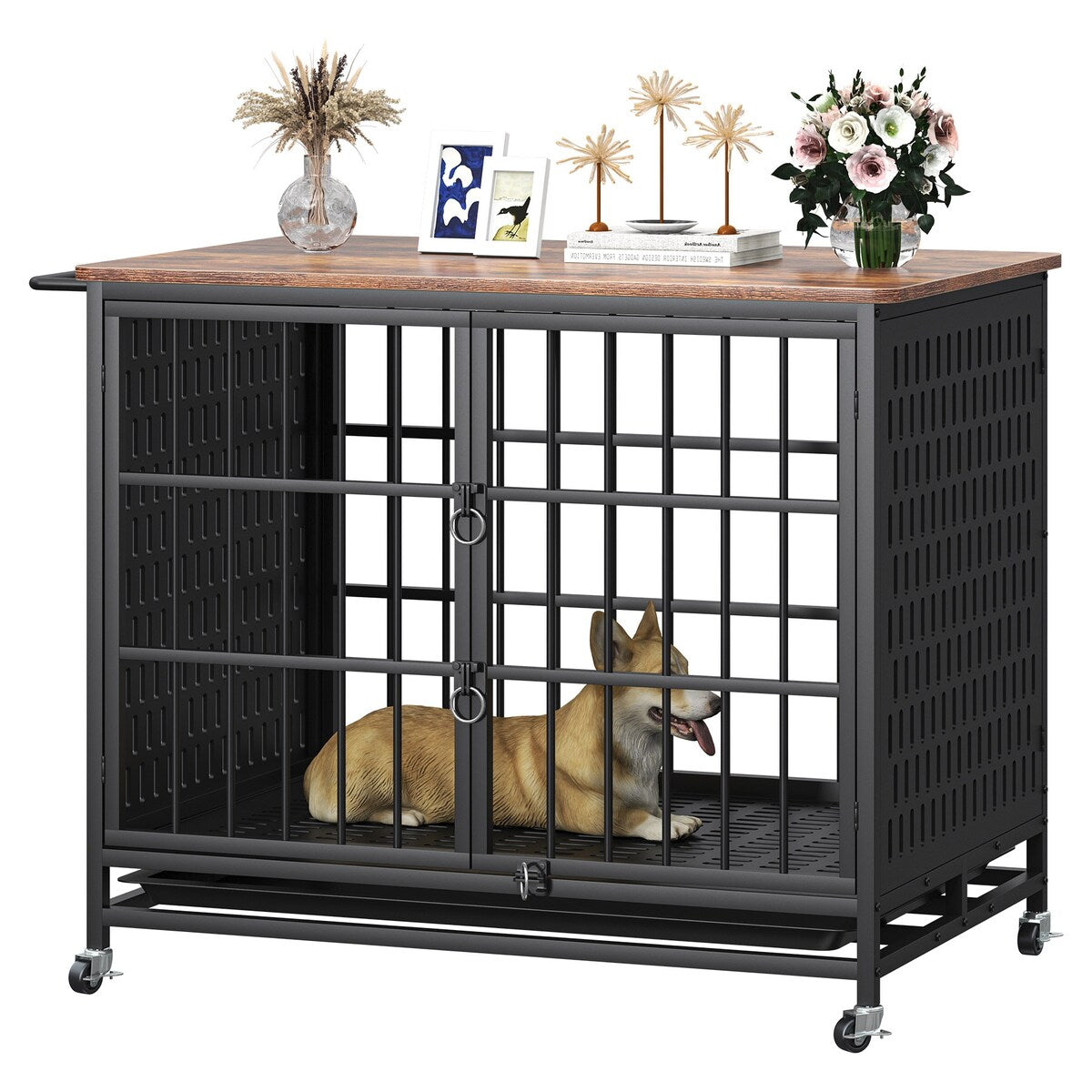 41 inch Chew Proof Extra Large Dog Crate w/Removable Trays, 2 Door, Lockable Wheels for Large Medium Dog