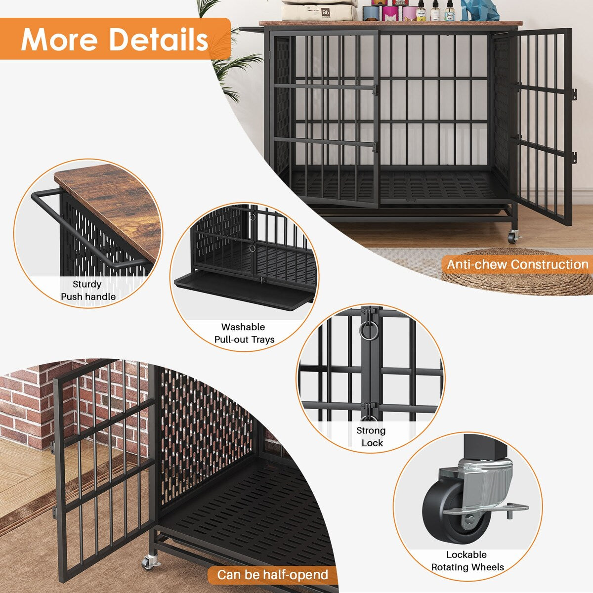 41 inch Chew Proof Extra Large Dog Crate w/Removable Trays, 2 Door, Lockable Wheels for Large Medium Dog