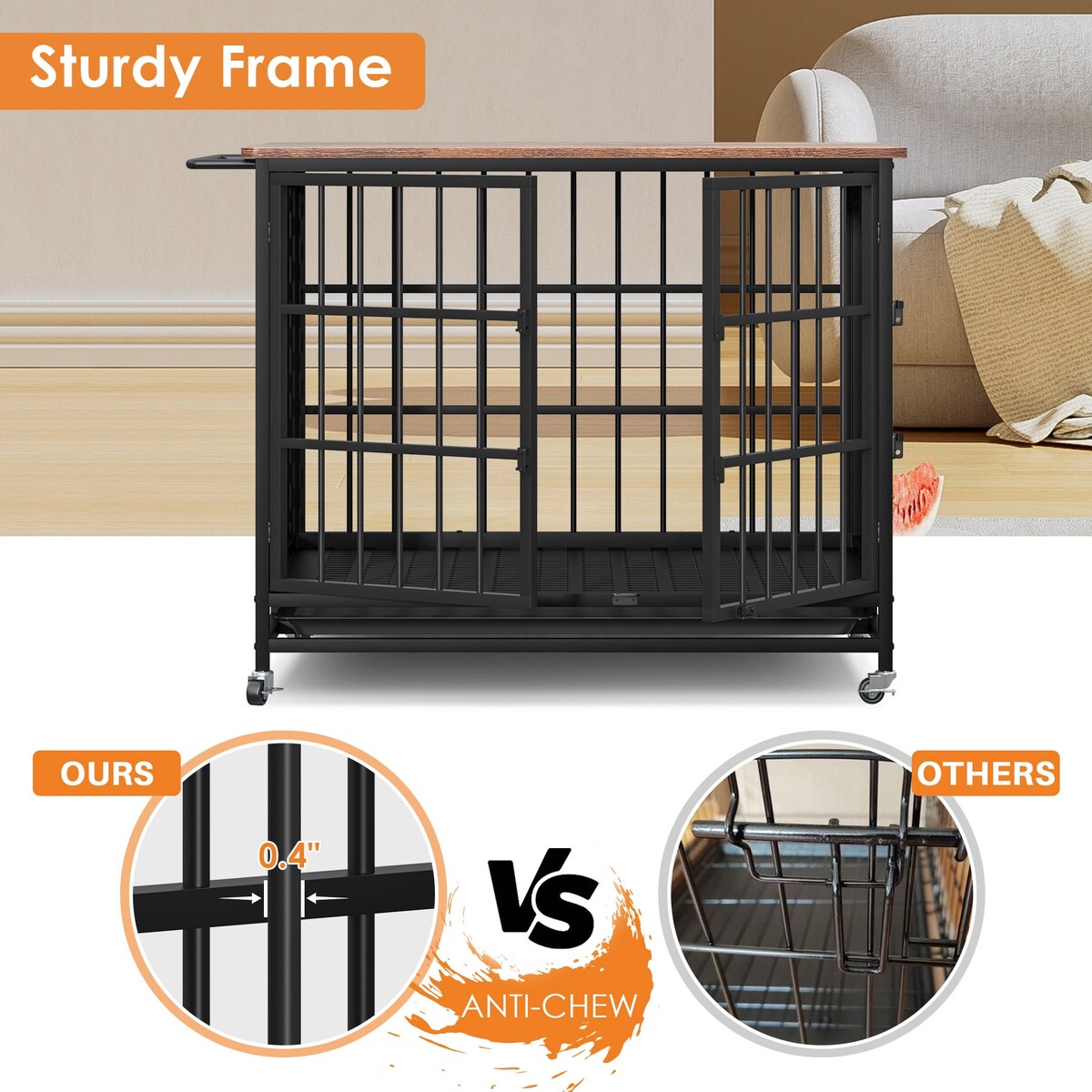 41 inch Chew Proof Extra Large Dog Crate w/Removable Trays, 2 Door, Lockable Wheels for Large Medium Dog