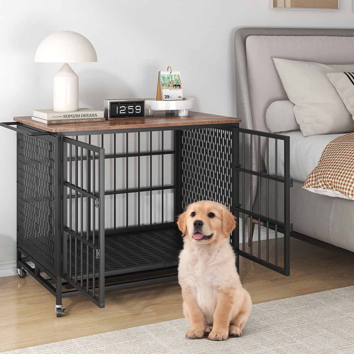 41 inch Chew Proof Extra Large Dog Crate w/Removable Trays, 2 Door, Lockable Wheels for Large Medium Dog