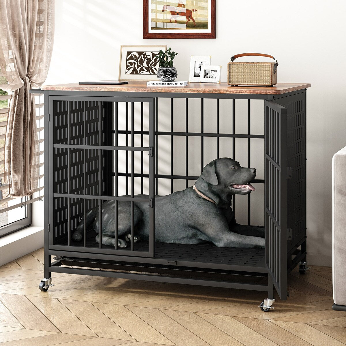 41 inch Chew Proof Extra Large Dog Crate w/Removable Trays, 2 Door, Lockable Wheels for Large Medium Dog