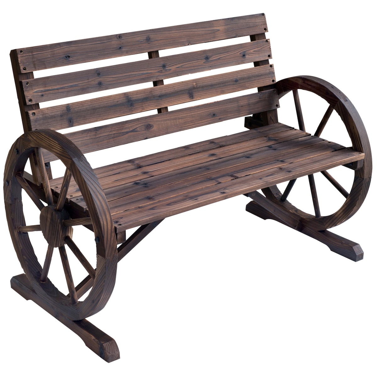 41" Rustic Wooden Wagon Wheel Bench - Weather-Resistant 2-Person Outdoor Patio Furniture, Slatted Seat, Backrest