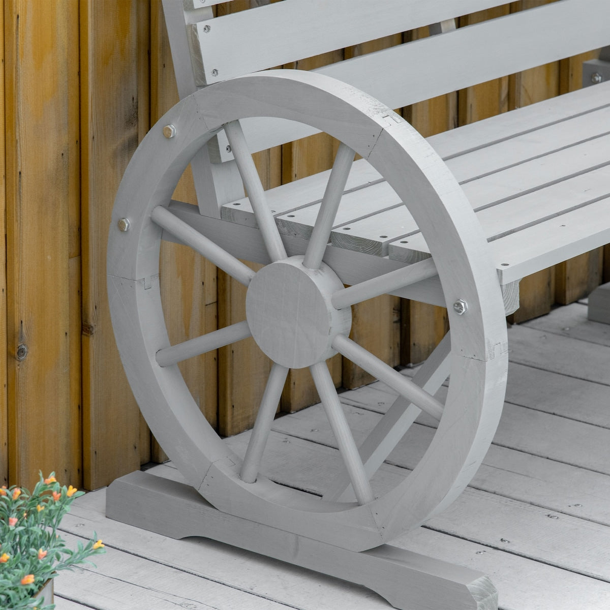 41" Rustic Wooden Wagon Wheel Bench - Weather-Resistant 2-Person Outdoor Patio Furniture, Slatted Seat, Backrest