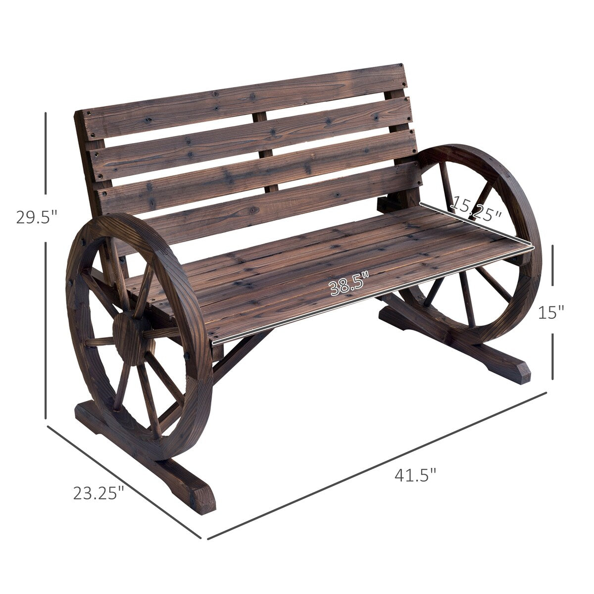 41" Rustic Wooden Wagon Wheel Bench - Weather-Resistant 2-Person Outdoor Patio Furniture, Slatted Seat, Backrest