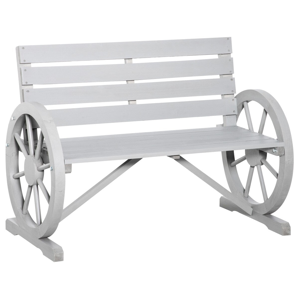 41" Rustic Wooden Wagon Wheel Bench - Weather-Resistant 2-Person Outdoor Patio Furniture, Slatted Seat, Backrest