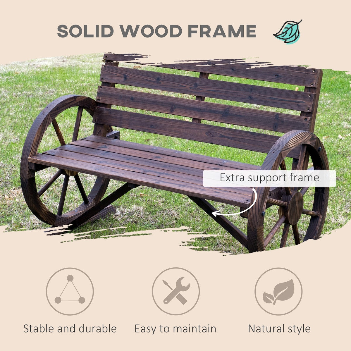 41" Rustic Wooden Wagon Wheel Bench - Weather-Resistant 2-Person Outdoor Patio Furniture, Slatted Seat, Backrest