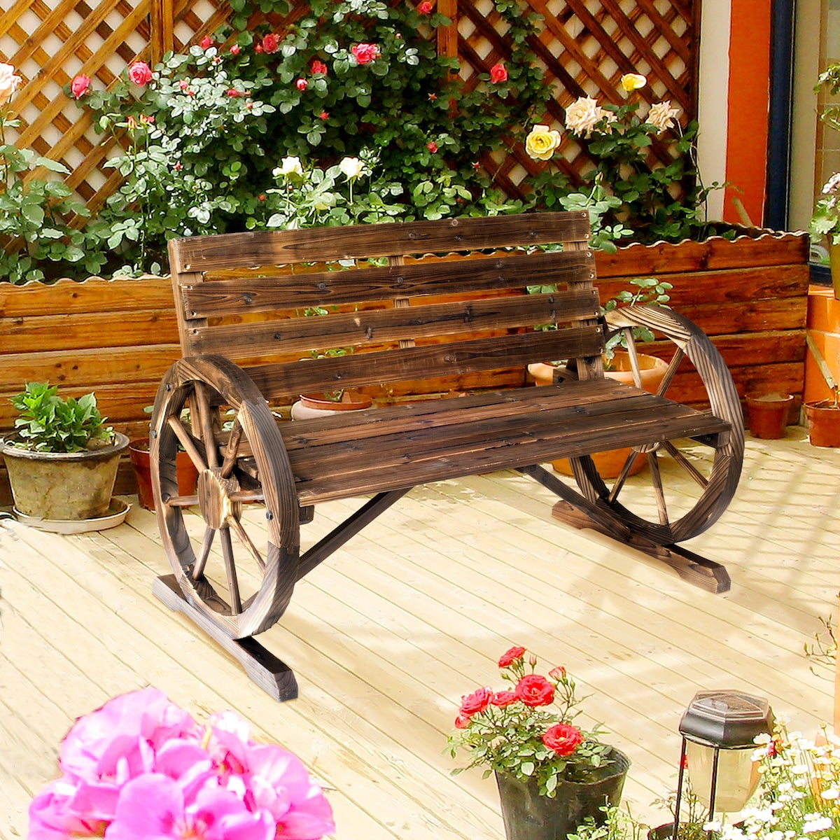 41" Rustic Wooden Wagon Wheel Bench - Weather-Resistant 2-Person Outdoor Patio Furniture, Slatted Seat, Backrest