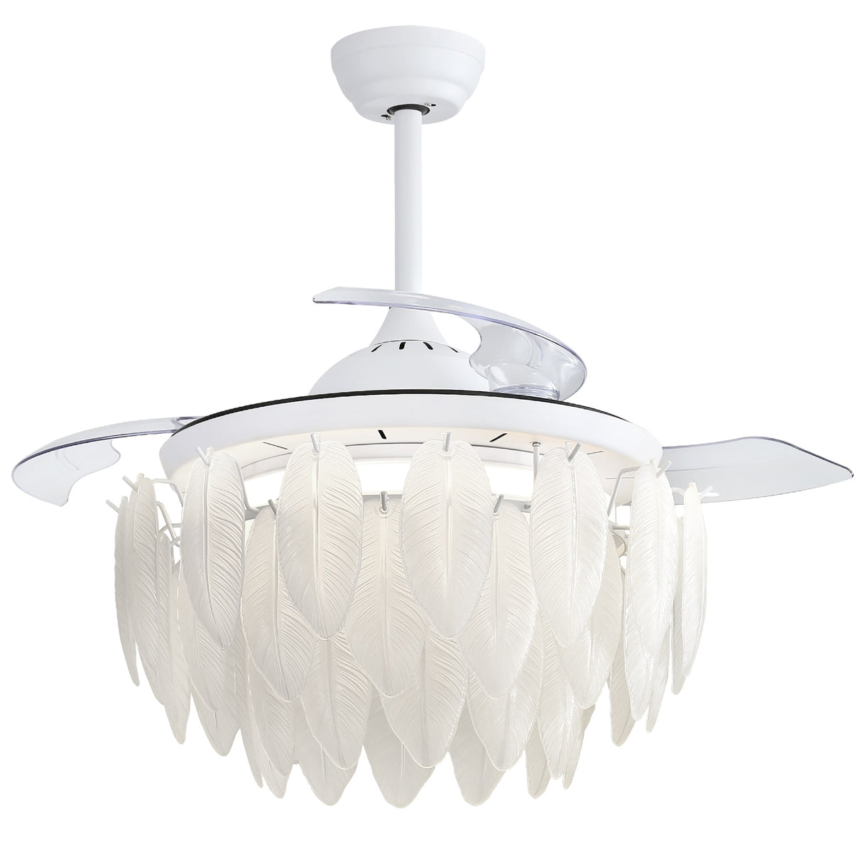 42 Inch White Feather Shaped Glass Ceiling Fan Light with Retractable Blades - 42 Inch