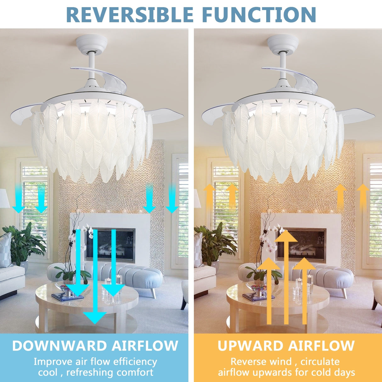 42 Inch White Feather Shaped Glass Ceiling Fan Light with Retractable Blades - 42 Inch