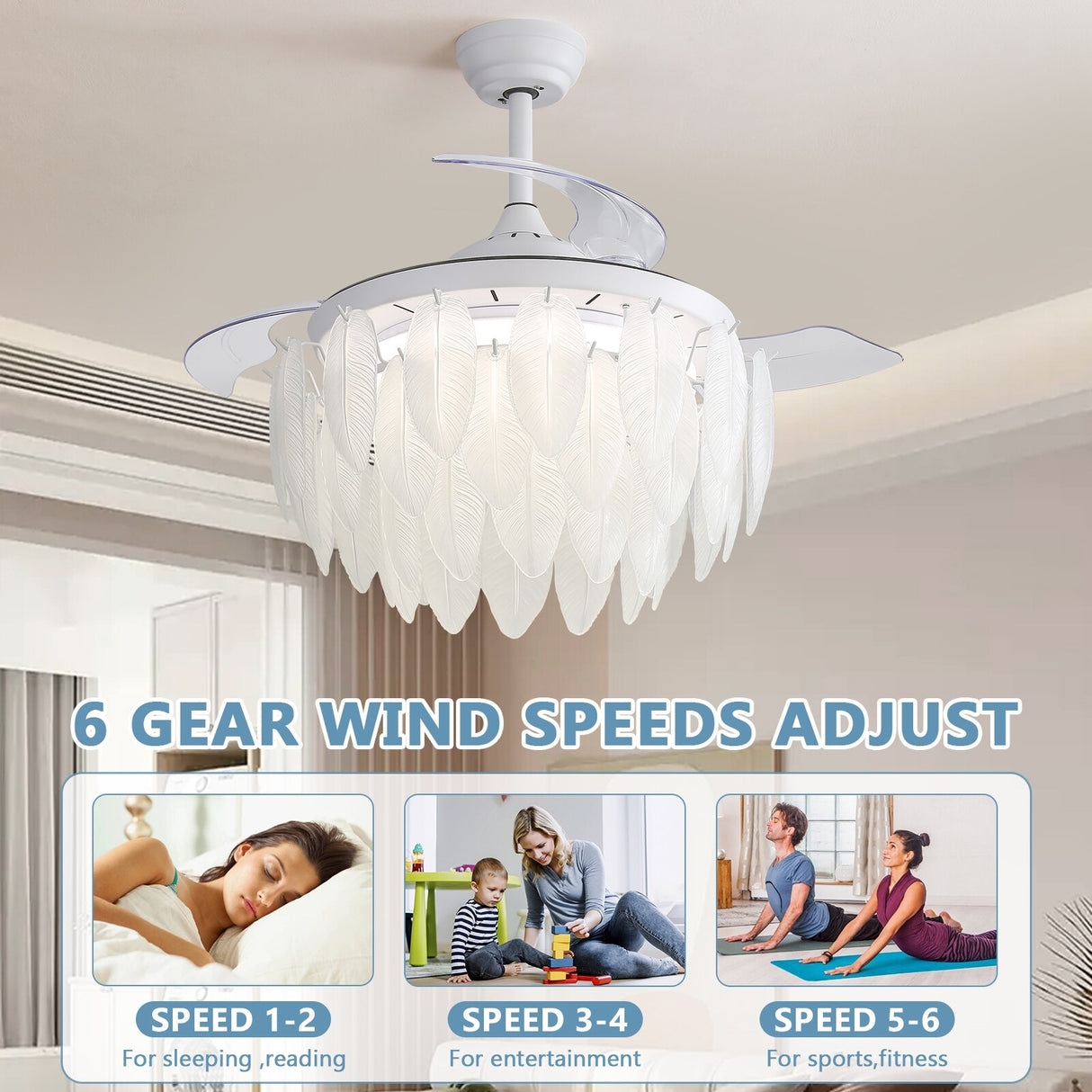 42 Inch White Feather Shaped Glass Ceiling Fan Light with Retractable Blades - 42 Inch