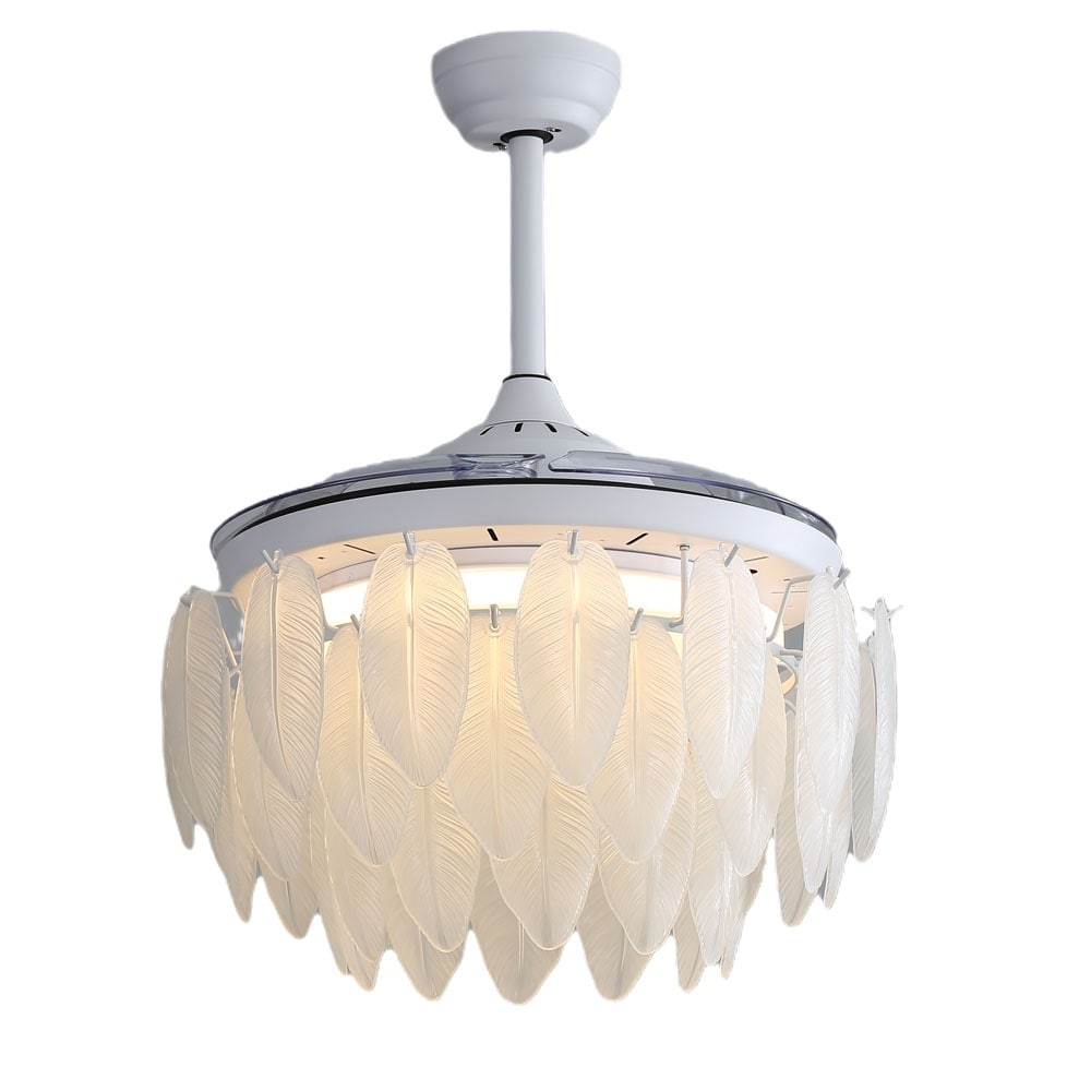 42 Inch White Feather Shaped Glass Ceiling Fan Light with Retractable Blades - 42 Inch