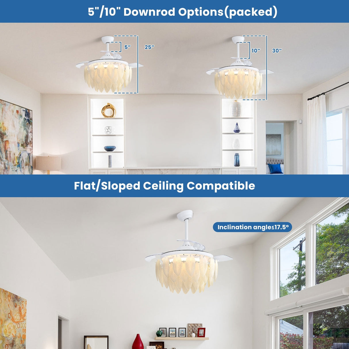 42 Inch White Feather Shaped Glass Ceiling Fan Light with Retractable Blades - 42 Inch