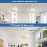 42 Inch White Feather Shaped Glass Ceiling Fan Light with Retractable Blades - 42 Inch