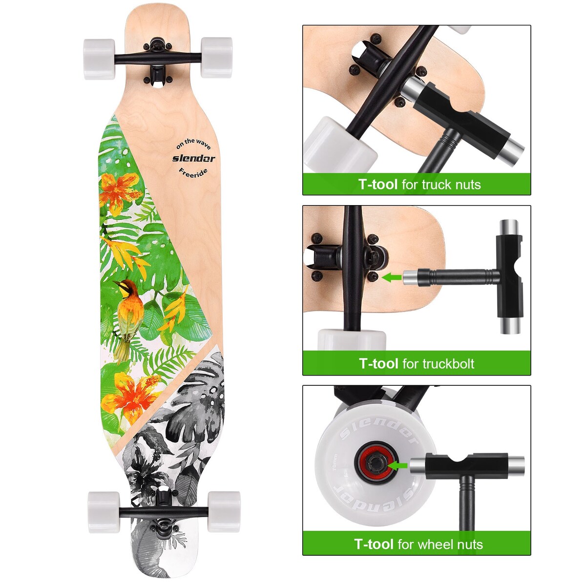 42 in. Green Longboard Skateboard Drop Through Deck Complete Maple Cruiser Freestyle, Camber Concave