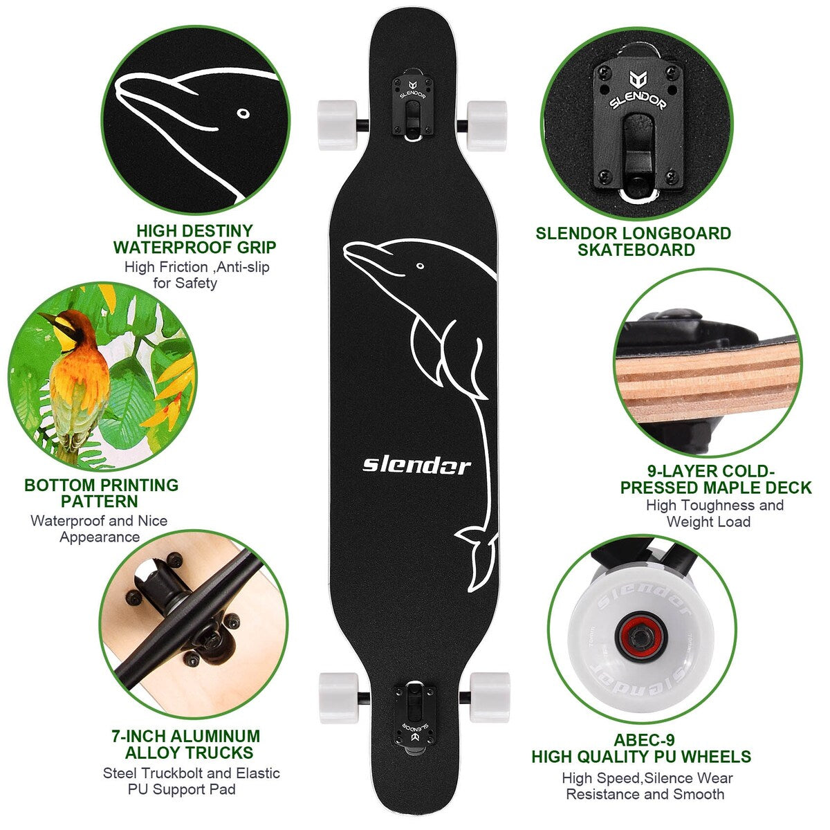 42 in. Green Longboard Skateboard Drop Through Deck Complete Maple Cruiser Freestyle, Camber Concave